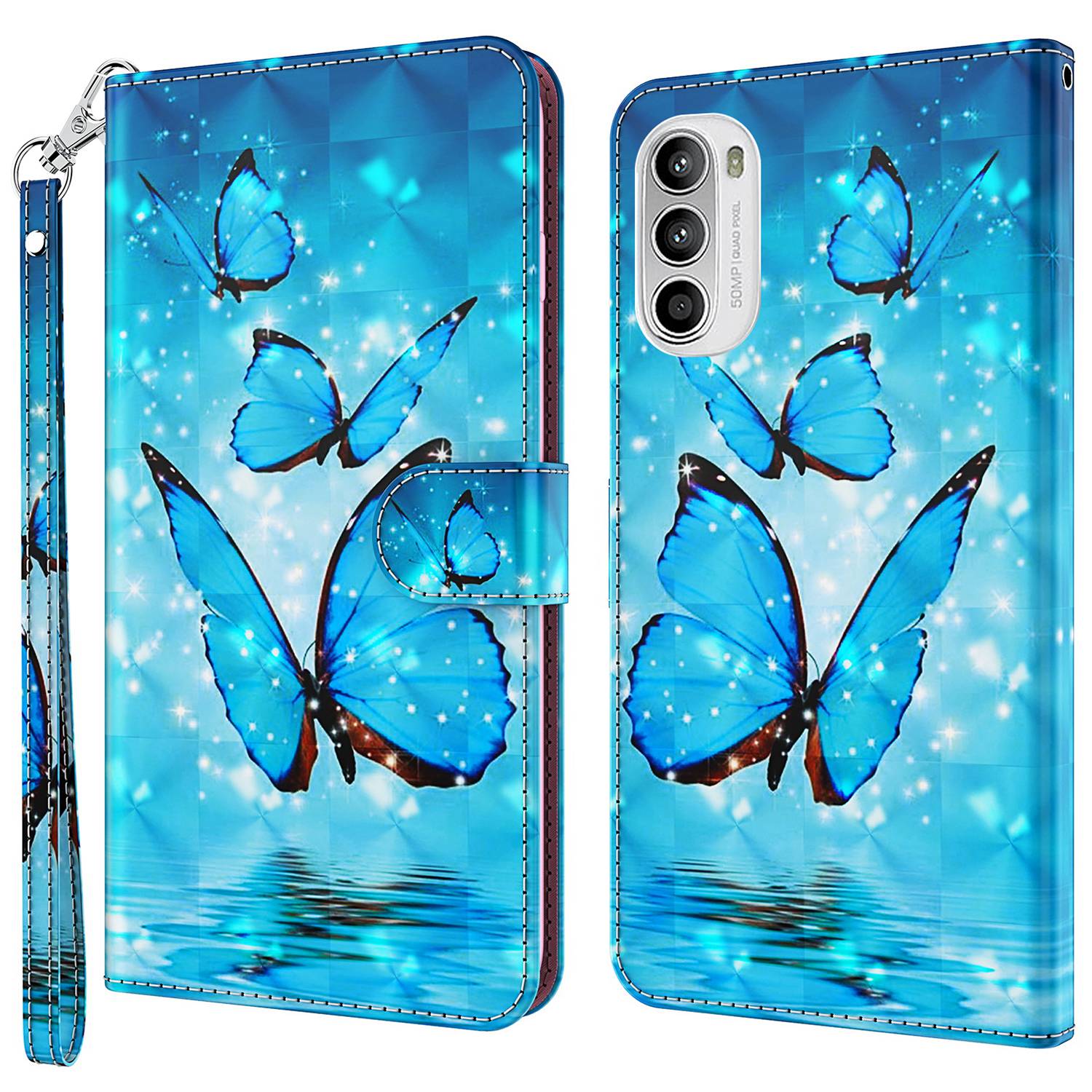 

Muster Bedrucktes Telefongehäuse Für Motorola Moto G52 4G, Brieftaschenfunktion Anti-Kratzer-Anti-Fall-PU-Lederschale Mit Ständer - Blaue Schmetterlinge, Motorola Moto G52 4G