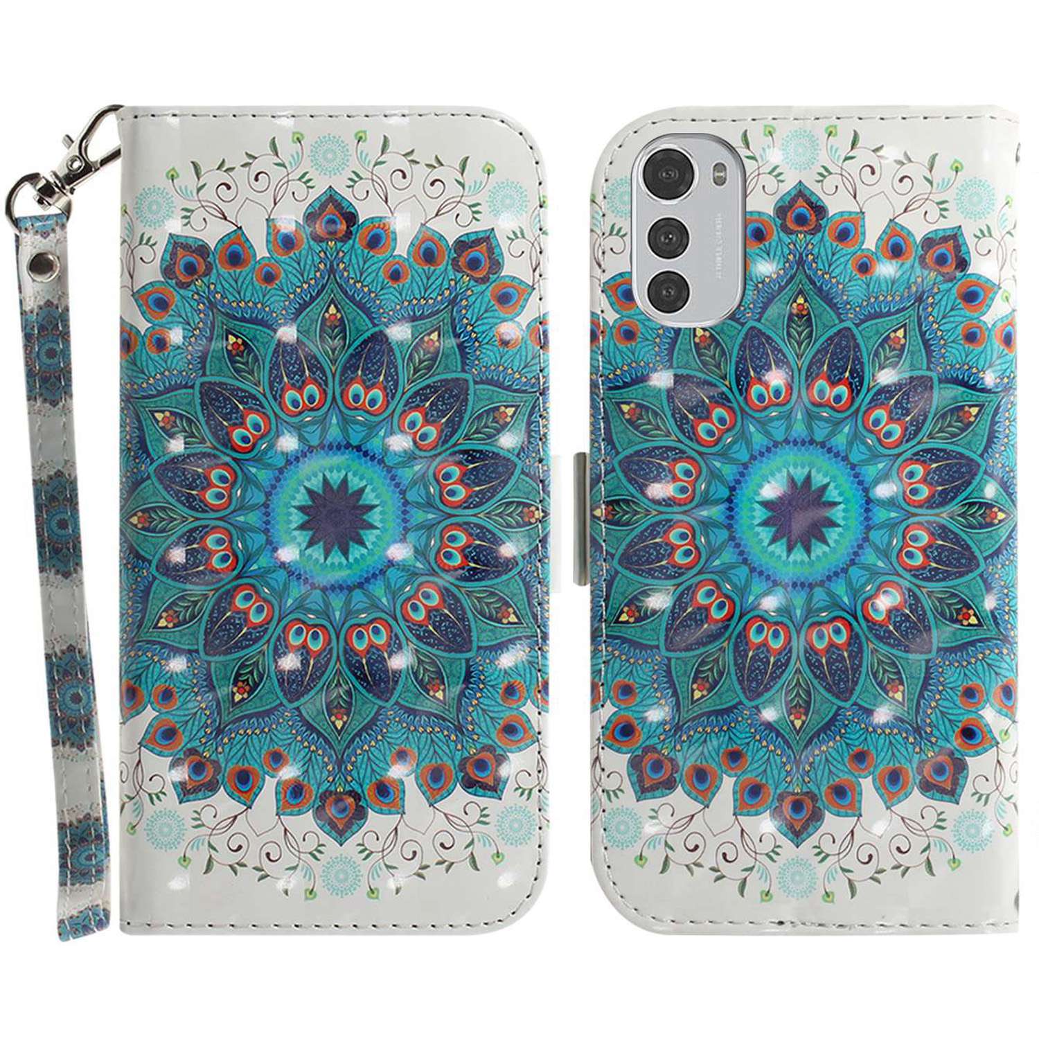 

Stand Wallet Ledertasche Für Motorola Moto E32, 3D -muster Druck Folio Flip Phone Schutzabdeckung - Pfauenkranz, Motorola Moto E32 4G