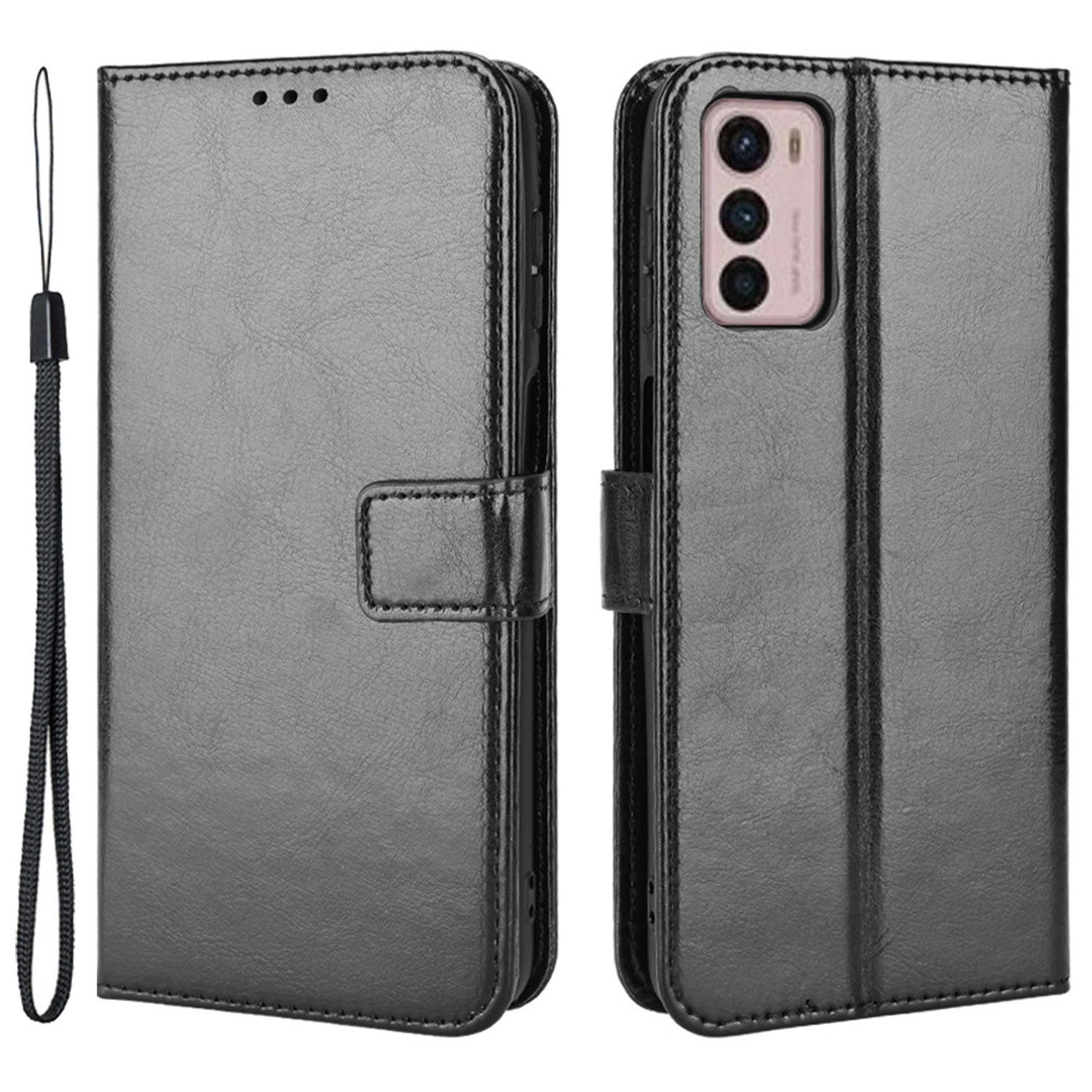 

Ständer Brieftasche Lederabdeckung Für Motorola Moto G42 4G, Verrückte Pferdestruktur Allround-Schutz Telefonhülle - Schwarz, Motorola Moto G42 4G