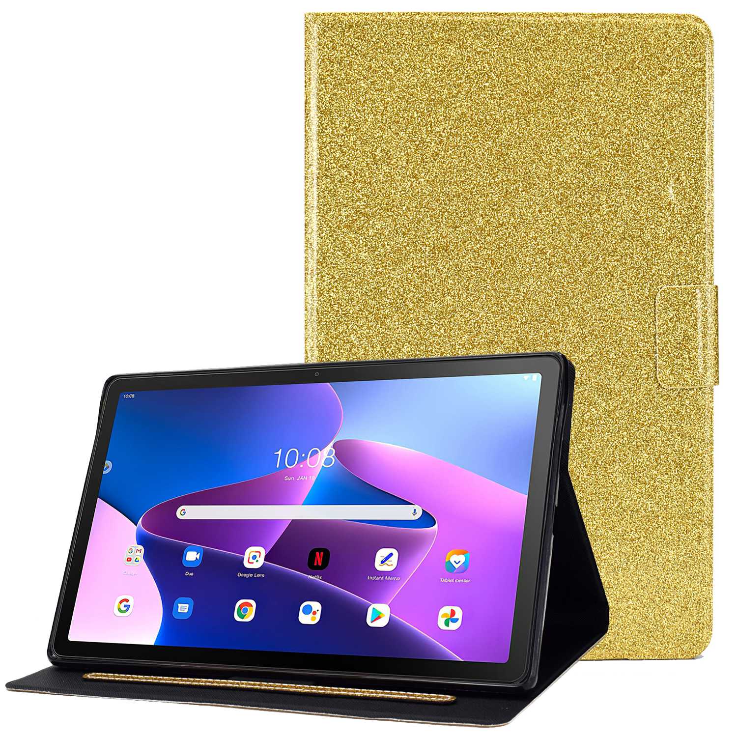 

Einstellbare Ständer PU Ledertasche Für Lenovo Tab M10 Plus (Gen 3), Glänzender Glitzer-anti-drop-kartenhalter-tablet-abdeckung - Gold, Lenovo Tab M10 Plus (3rd Gen)