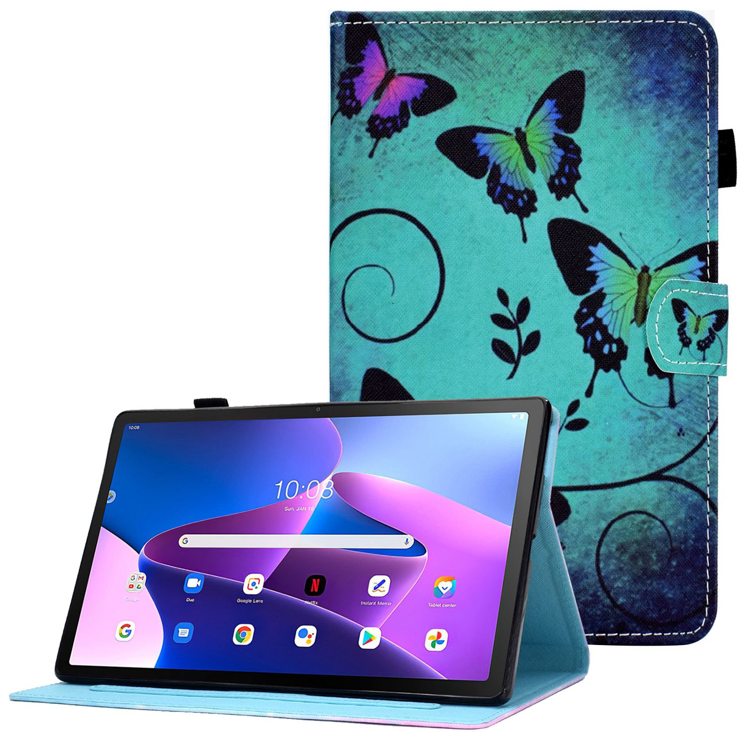 

Stichmuster -druckleder -hülle Für Lenovo Tab M10 Plus (Gen 3), Schockdes Standkartenschlitzabdeckung - Grüne Schmetterlinge, Lenovo Tab M10 Plus (3rd Gen)