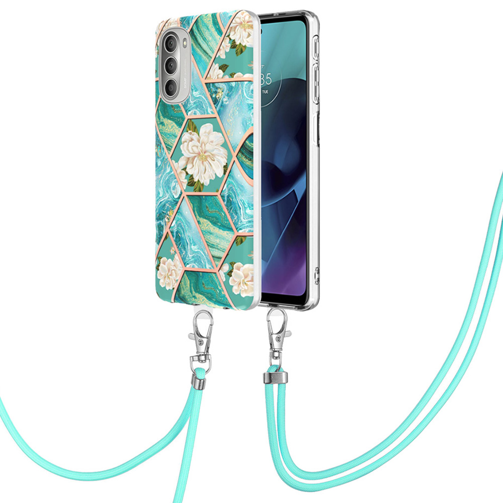 

YB Imd-serie-4 Für Motorola Moto G51 5G Bump Proof TPU Marble Style Phone Hülle Elektroplieren Iml-schutzschutz Mit Lanyard - Blaue Blumen, Motorola Moto G51 5G