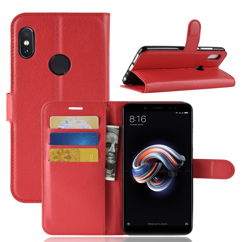 

Litchi Skin Cell Téléphone Portefeuille en Cuir Pour Xiaomi Redmi Note 5 Pro (double Caméra) / Redmi Note 5 (chine) - Rouge