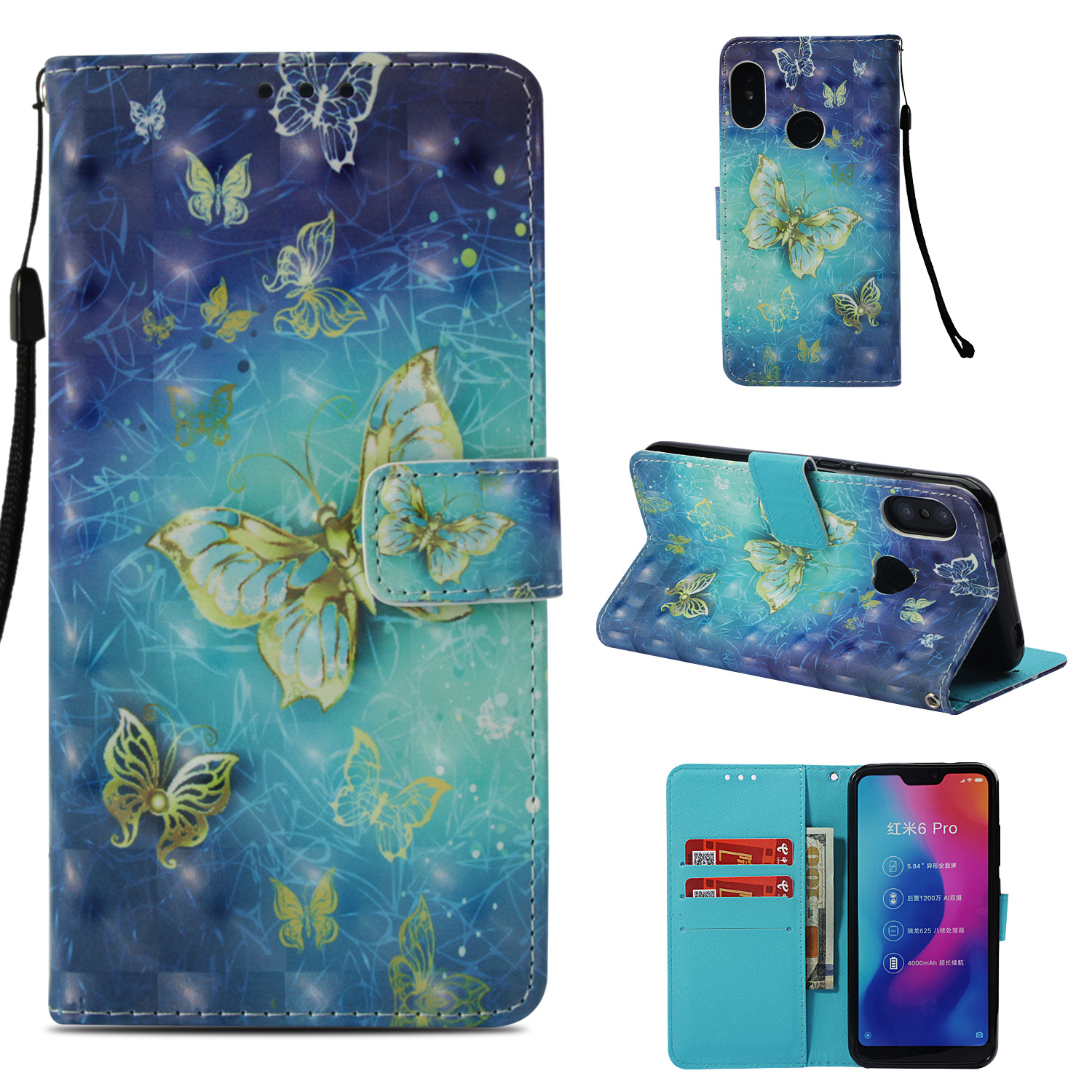 

Modèle de Décoration de Spot Léger Portefeuille Support Case de Téléphone Portable en Cuir Pour Xiaomi Mi A2 Lite / Redmi 6 Pro - Papillons