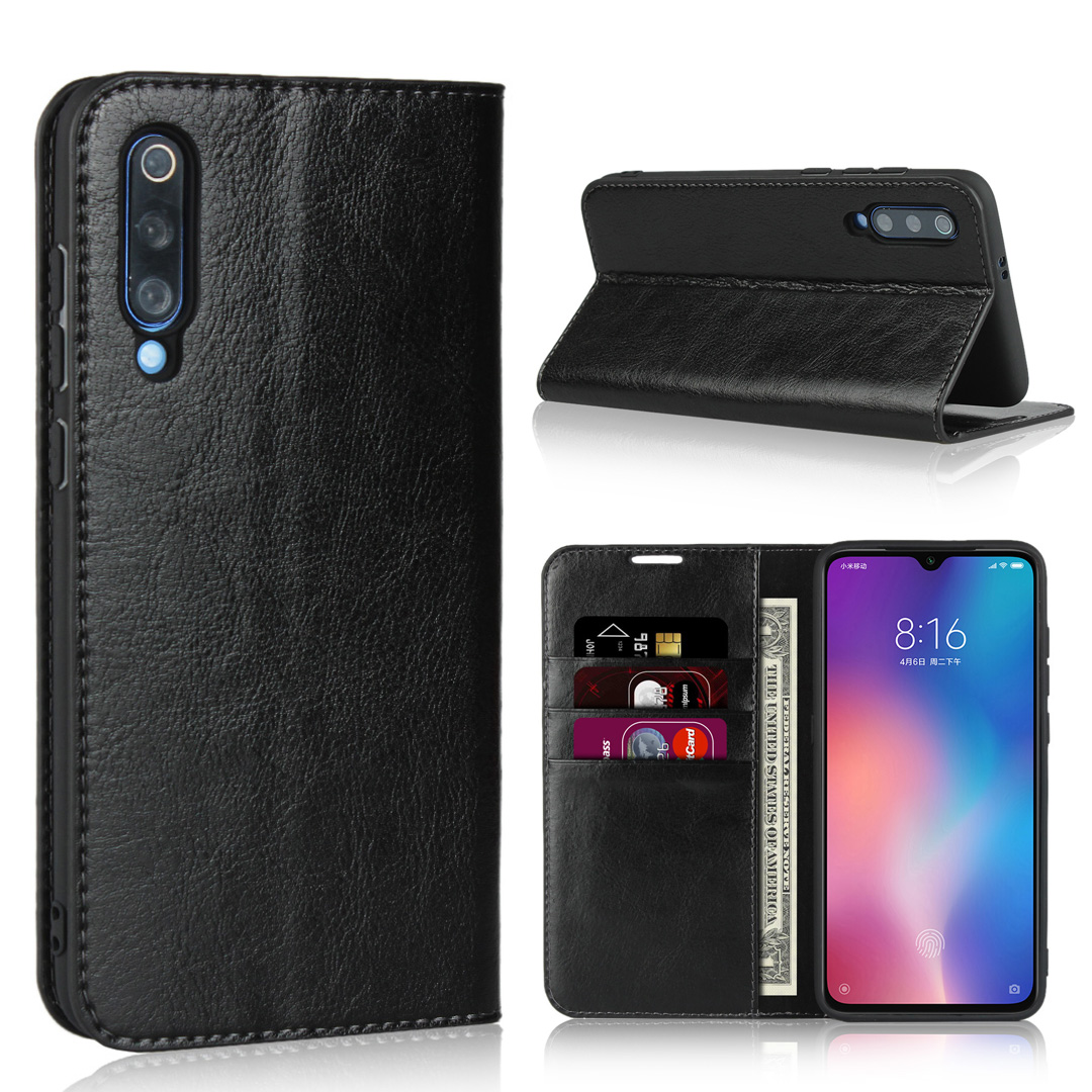 

Crazy Horse Wallet Stand Genuine Leather Case for Xiaomi Mi 9 - Black