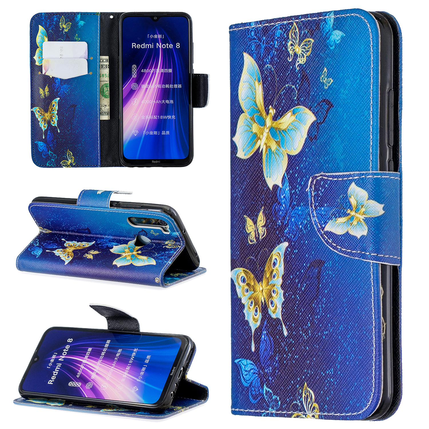 Pattern Printing Cross Texture Wallet Stand Flip Leather Case for Xiaomi Redmi Note 8 - Gold Butterflies