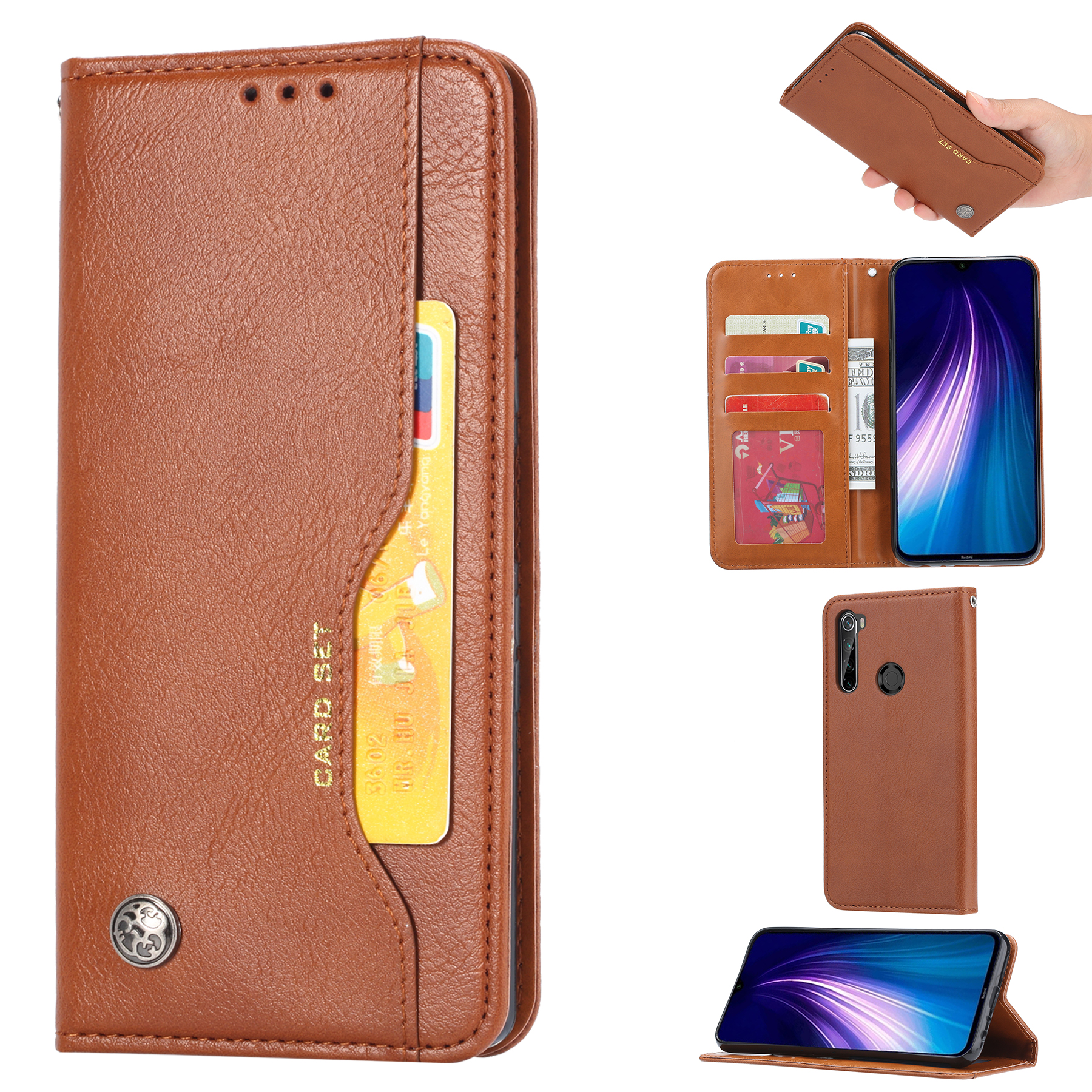 

Pour Xiaomi Redmi Remarque 8T Boîtier De Protection Du Portefeuille En Cuir Auto-absorbé - Marron