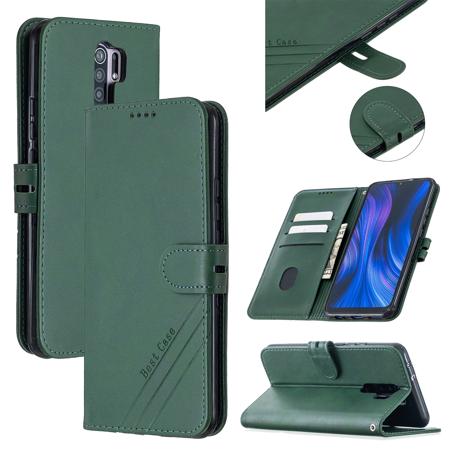 

Couvercle de Support en Cuir de Portefeuille Avec Longe Pour Xiaomi Redmi 9 - Vert