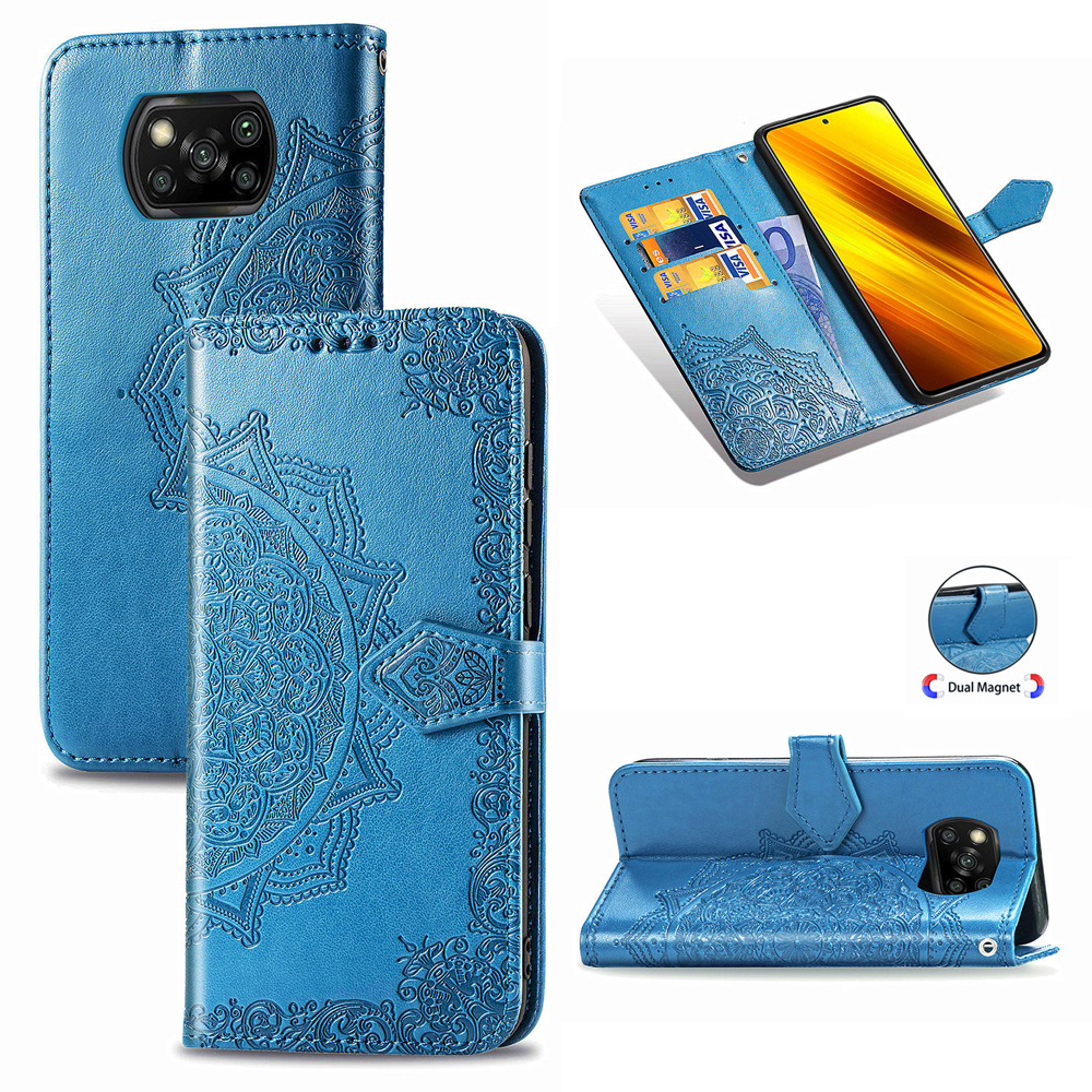 

Mandala Blume PU Ledertasche Für Xiaomi Poco X3/Poco X3 NFC Standabdeckung - Blau, Xiaomi Poco X3