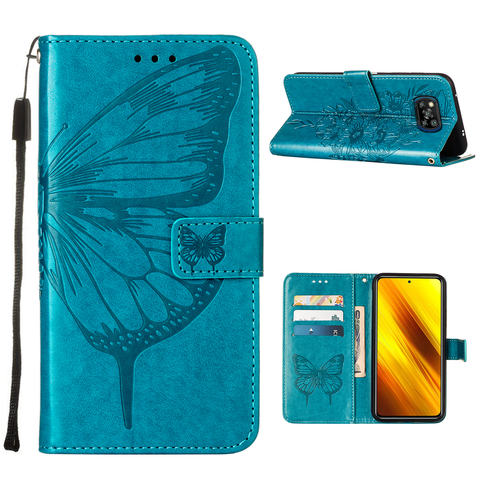 

Schmetterlingsabdruck Brieftasche Leder Handy Stand Shell Für Xiaomi Poco X3/X3 NFC - Blau, Xiaomi Poco X3