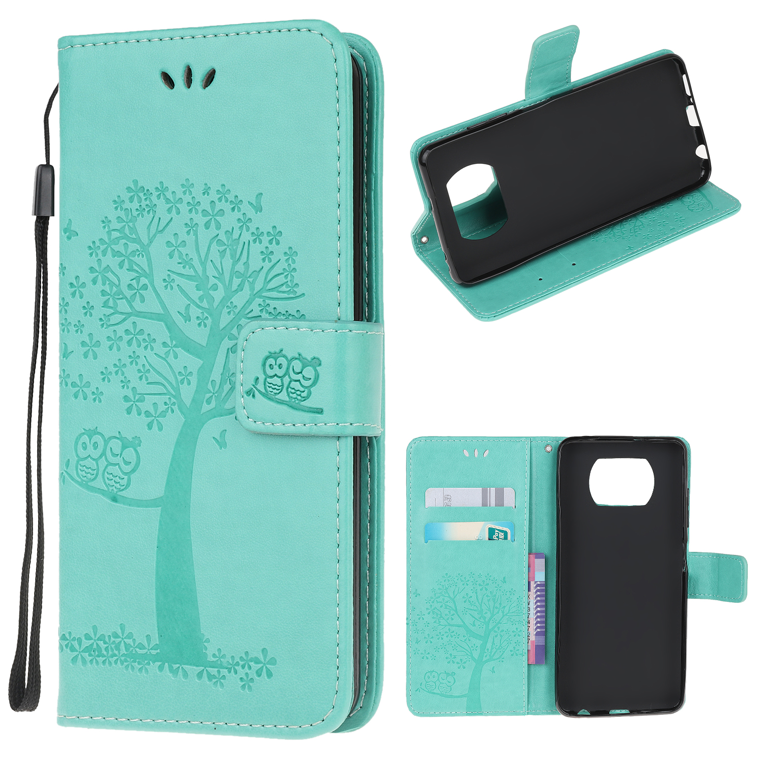 

Stilvoller Abdruckbaum Und Eulen Brieftasche Leder Telefonschutz Für Xiaomi Poco X3/Poco X3 NFC - Cyan, Xiaomi Poco X3