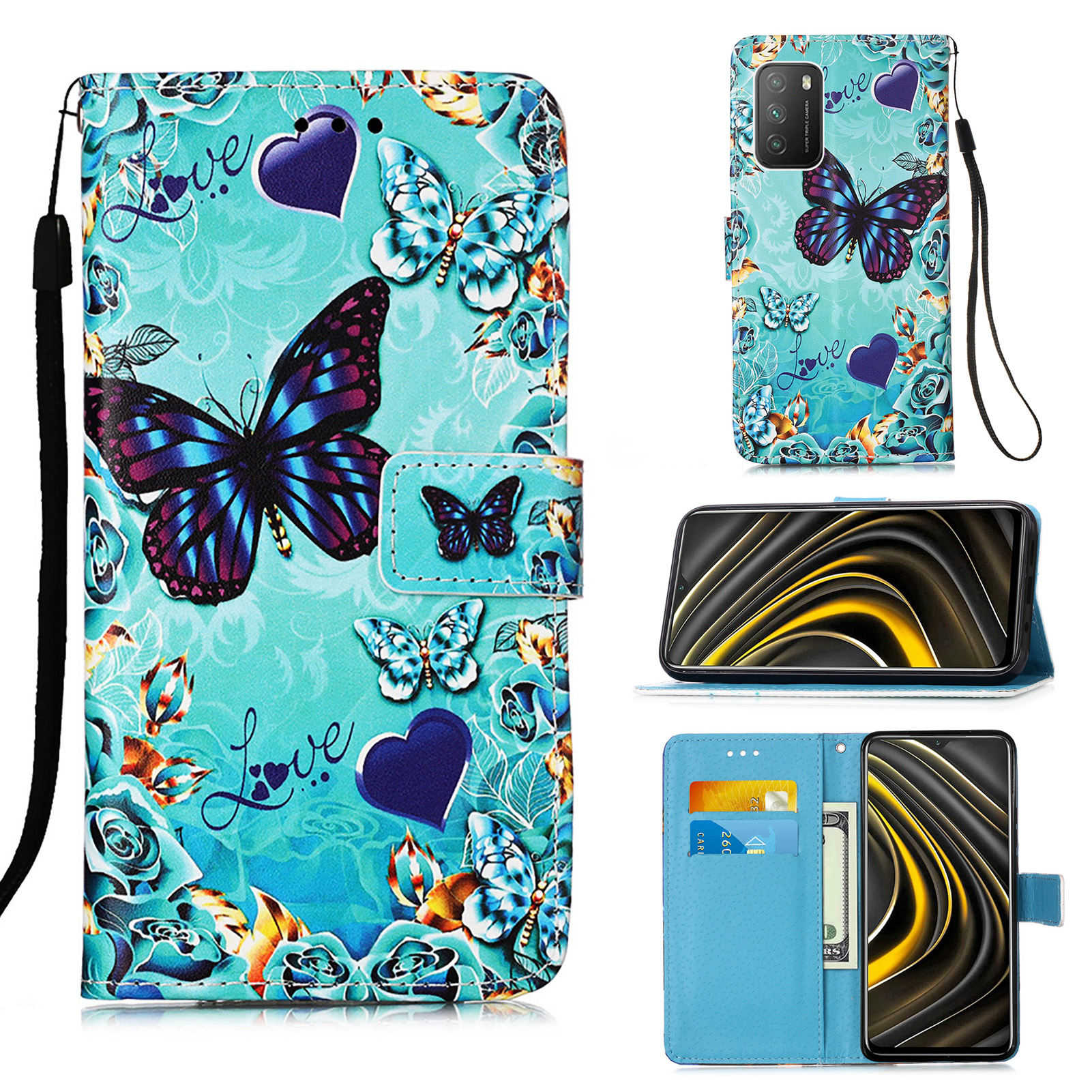 

Musterdruckdesign Leder Brieftasche Protektor Stand Hülle Für Xiaomi Poco M3 - Schmetterling Und Herz, Xiaomi Poco M3