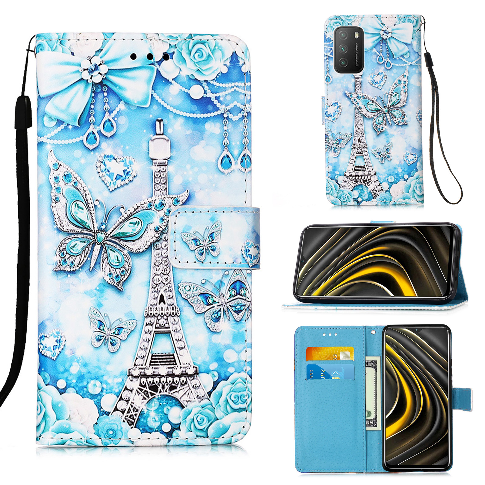 

Musterdruckdesign Leder Brieftasche Protektor Stand Hülle Für Xiaomi Poco M3 - Turm Und Schmetterling, Xiaomi Poco M3