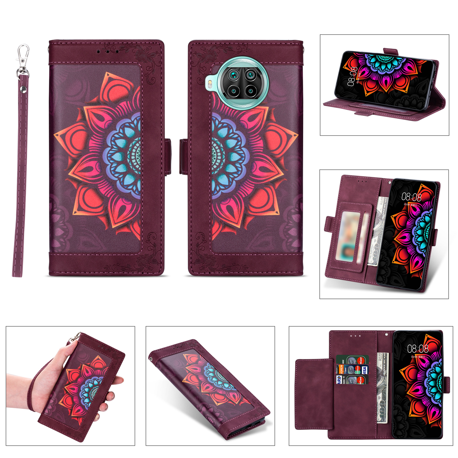 

Mehrfarbige Blumge Gemusterte Pu-leder-brieftasche-standschale Für Xiaomi Mi 10T Lite 5G/Redmi Note 9 Pro 5g/mi 10i 5g - Weinrot, Xiaomi Mi 10T Lite 5G