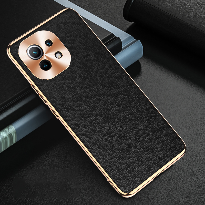 

Galvanisierungslinsenschutzdesign Litchi Echtes Leder Beschichtetes TPU-Hybridgehäuse Für Xiaomi Mi 11 - Schwarz, Xiaomi Mi 11