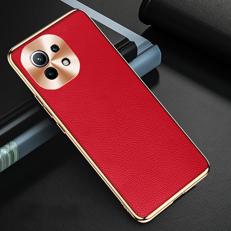 

Galvanisierungslinsenschutzdesign Litchi Echtes Leder Beschichtetes TPU-Hybridgehäuse Für Xiaomi Mi 11 - Rot, Xiaomi Mi 11