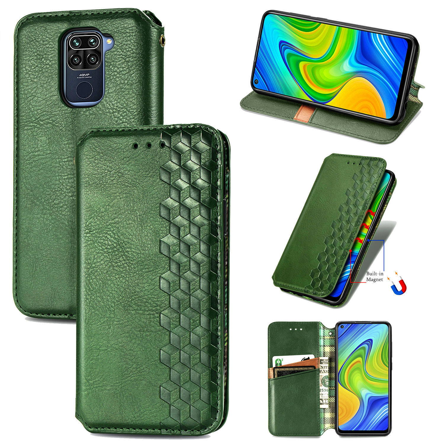 

Mode Automatisch Absorbierte Rhombustextur PU Leder Brieftasche Für Xiaomi Redmi Note 9 (MTK Helio G85)/10x 4g - Grün, Xiaomi Redmi Note 9 (MTK Helio G85)