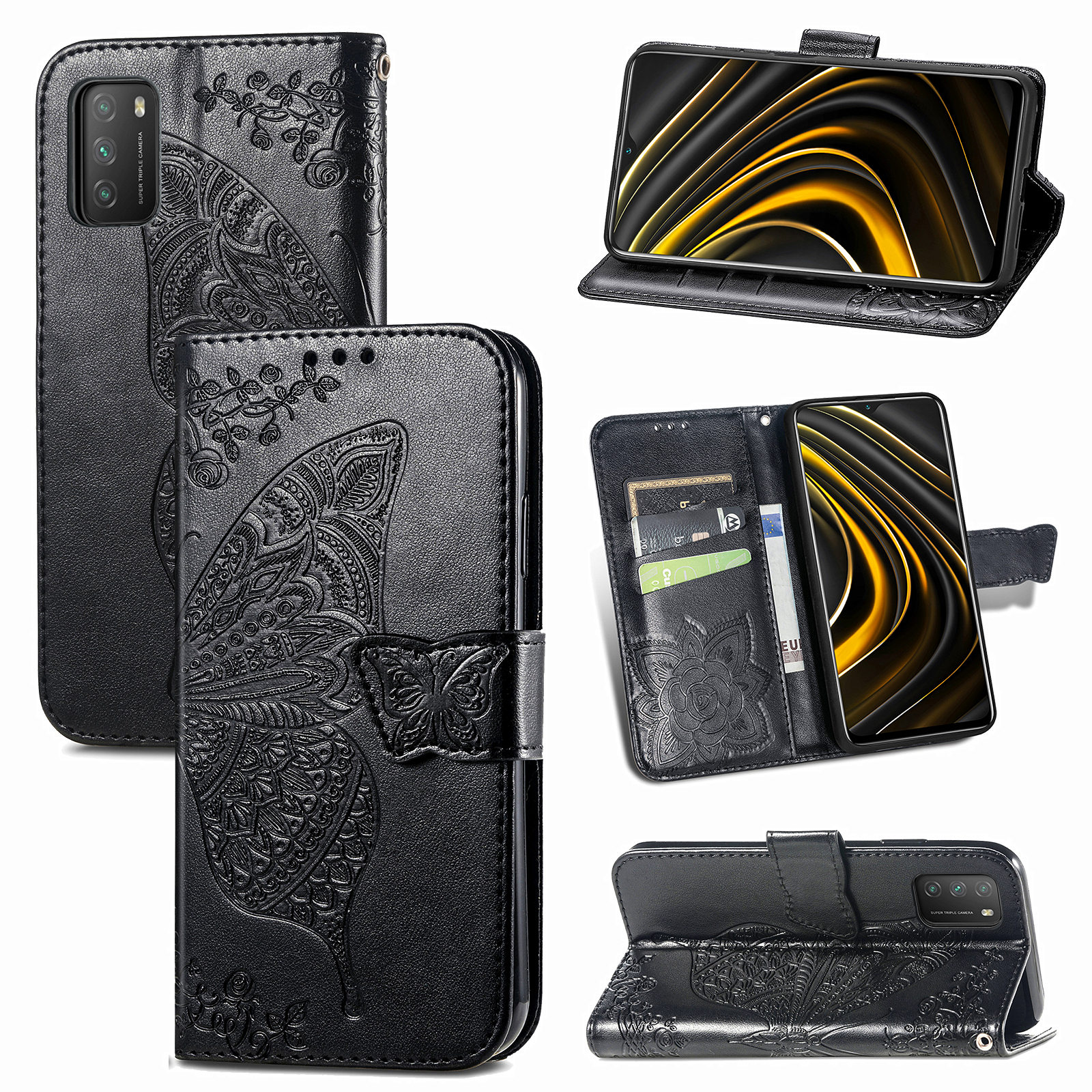 

Imprint Big Butterfly Leather Wallet Phone Shell for Xiaomi Poco M3 - Black, Xiaomi Xiaomi Poco M3