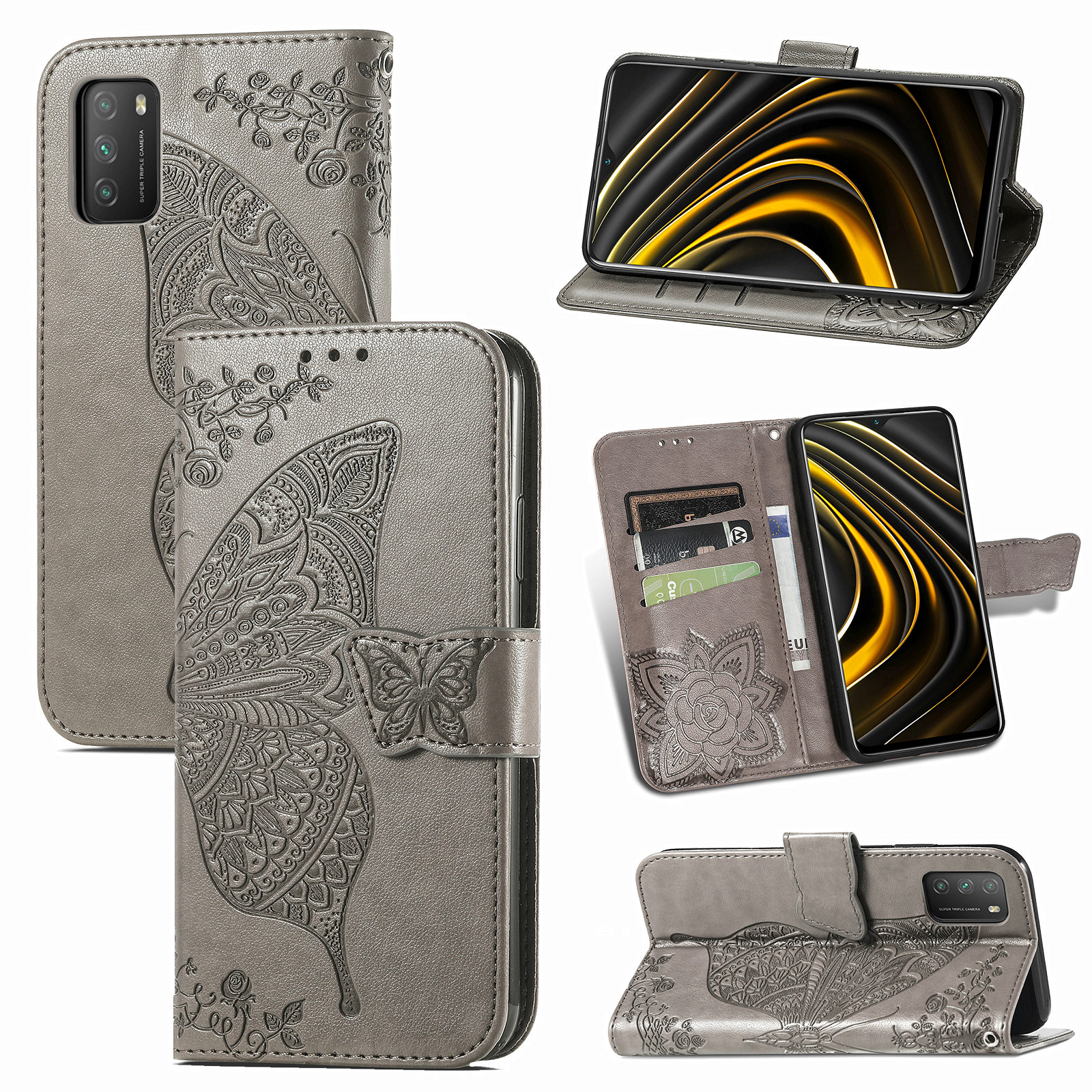 

Imprint Big Butterfly Leather Wallet Phone Shell for Xiaomi Poco M3 - Grey, Xiaomi Xiaomi Poco M3