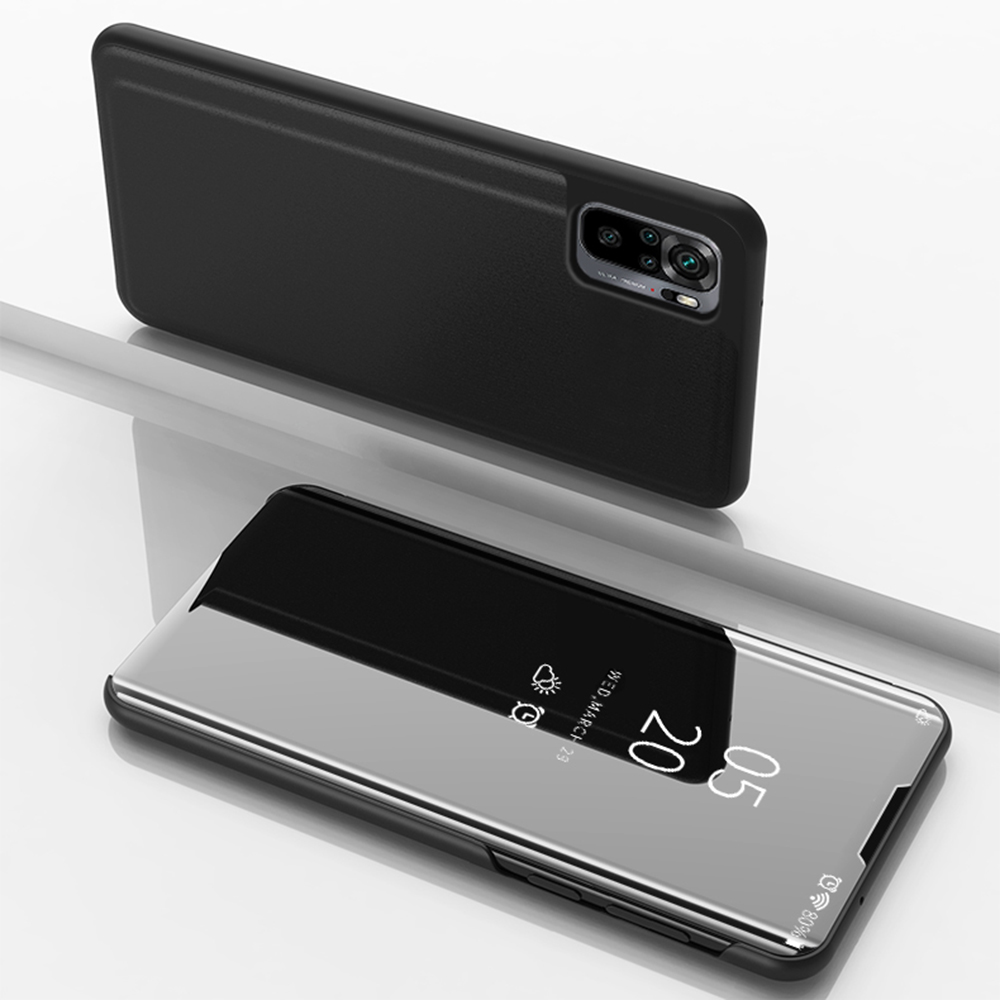 

Plattierte Spiegeloberflächen -ledertasche Für Xiaomi Redmi Note 10 4G/Note 10S Ansichtfenster Telefonständer - Schwarz, Xiaomi Redmi Note 10 4G