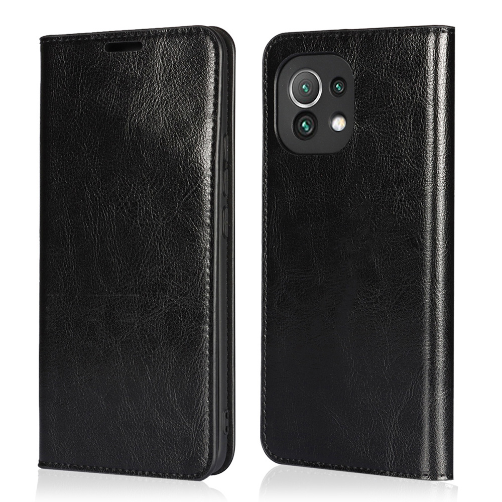 

Crazy Horse Echt Leder Brieftasche Telefon Hülle Cover Stand Für Xiaomi Mi 11 - Schwarz, Xiaomi Mi 11
