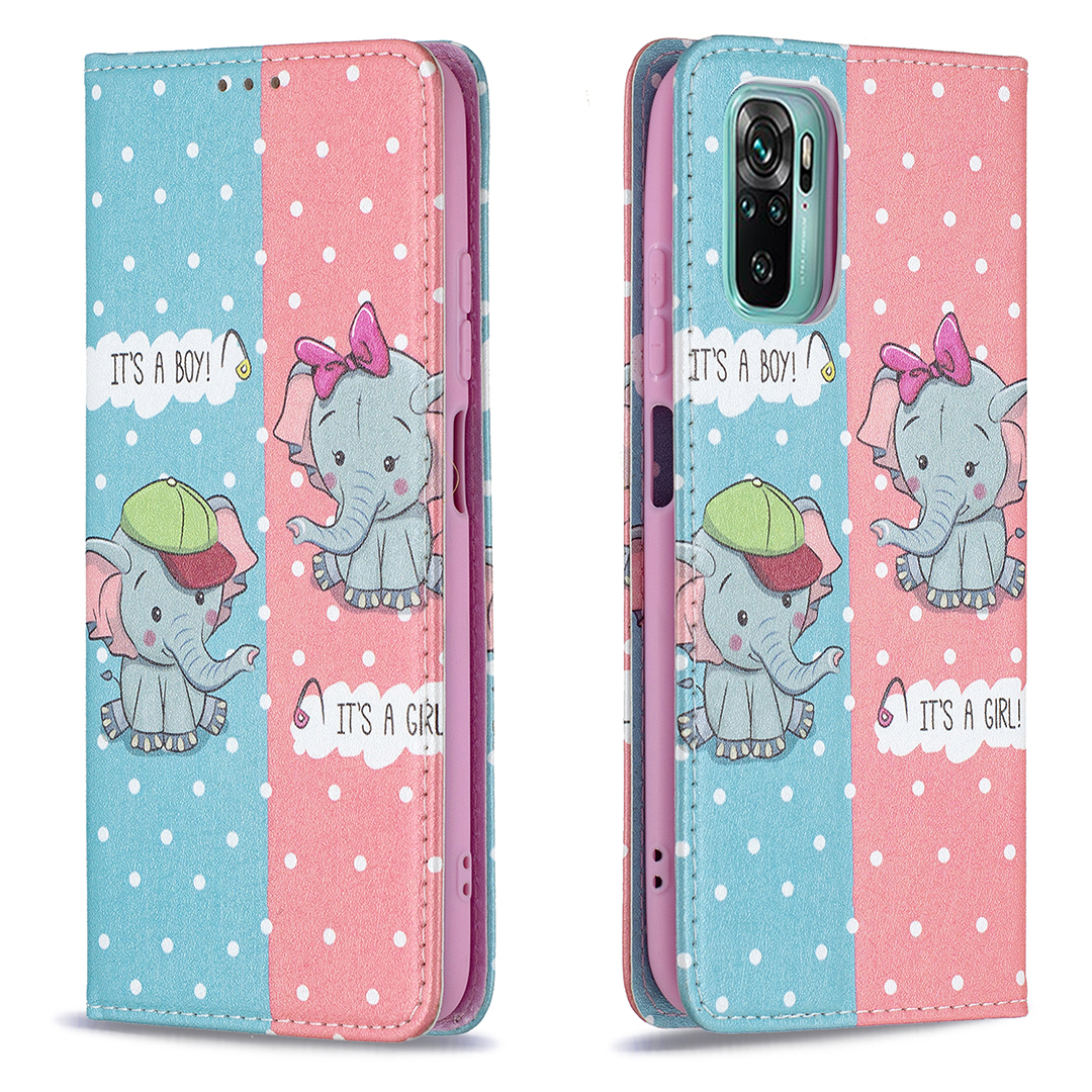 

Auto-absorbiertes Stilvolles Musterdruckpuder Pu-lederhülle Mit Brieftaschenstand Design Für Xiaomi Redmi Note 10 4G/Note 10s - Elefanten, Xiaomi Poco M5s 4G