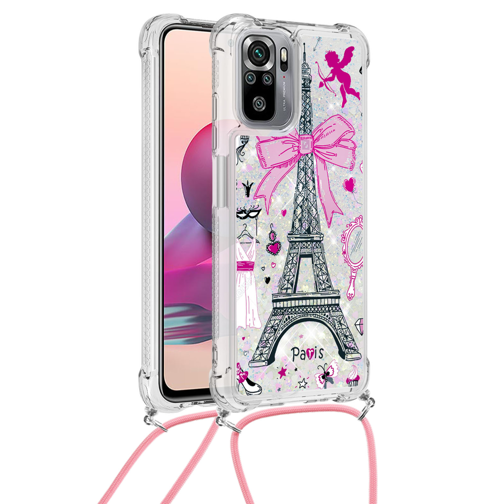

For Xiaomi Redmi Note 10 4G / Redmi Note 10S 4G / Poco M5s 4G Pattern Printed Glitter Sequins Quicksand TPU Phone Case Cover with Lanyard - Tower
