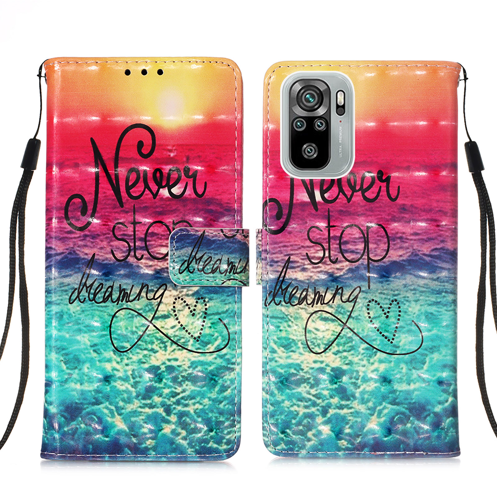 

For Xiaomi Redmi Note 10 4G / Note 10S 4G / Poco M5s 4G Full Protection Pattern Printing Design Wallet Stand Leather Phone Case with Lanyard - Sea of Clouds / Colorful