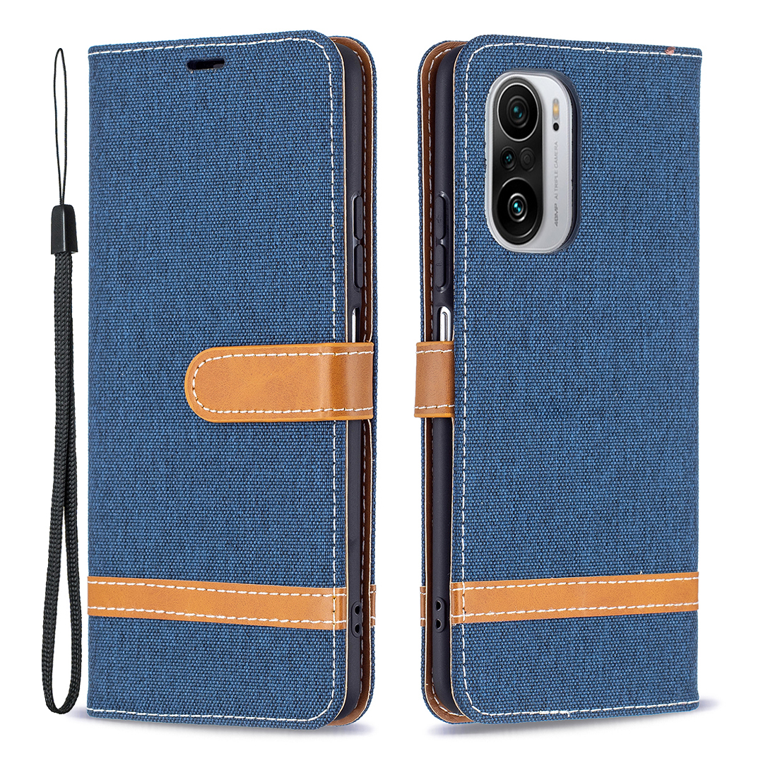 

Assorted Color Jeans Cloth Leather Wallet Stand Case for Xiaomi Mi 11i/Poco F3/Redmi K40/K40 Pro - Dark Blue