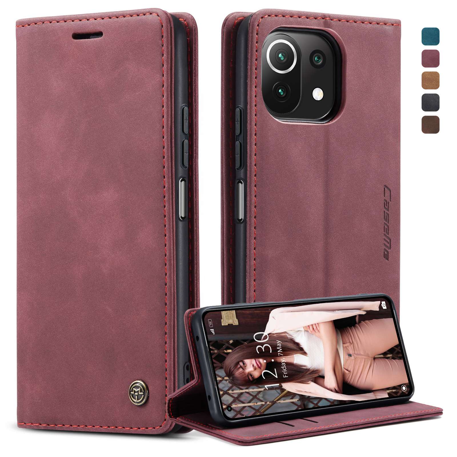 

Caseme 013 Serie Automatische Saughäute Einfaches Design Leder Brieftasche Für Xiaomi Mi 11 Lite 4G / 5g / 11 Lite 5G NE - Rot, Xiaomi Mi 11 Lite 5G