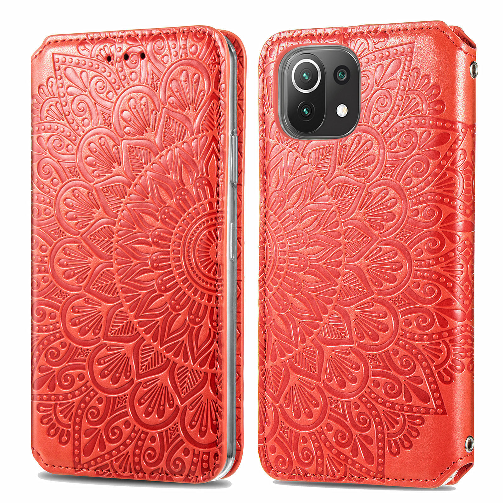 

Imprinted Mandala Flower Pattern Auto-absorbed PU Leather Case Stand Wallet for Xiaomi Mi 11 Lite 4G/5G - Red, Xiaomi Mi 11 Lite 4G