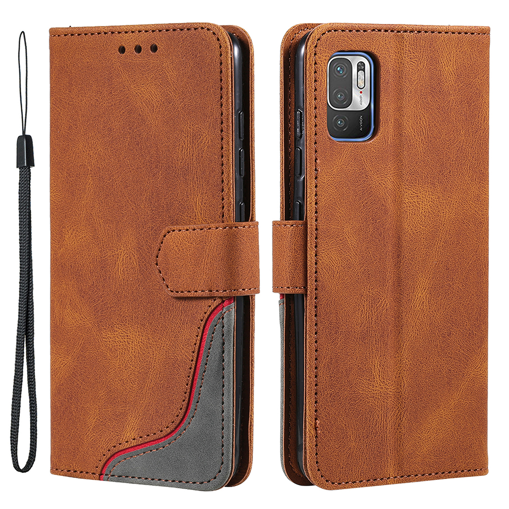 

Skin-touch Feel Tri-color Splicing PU Leather Flip Case Wallet Stand Cellphone Cover for Xiaomi Redmi Note 10 5G/Poco M3 Pro 4G/Poco M3 Pro 5G - Brown