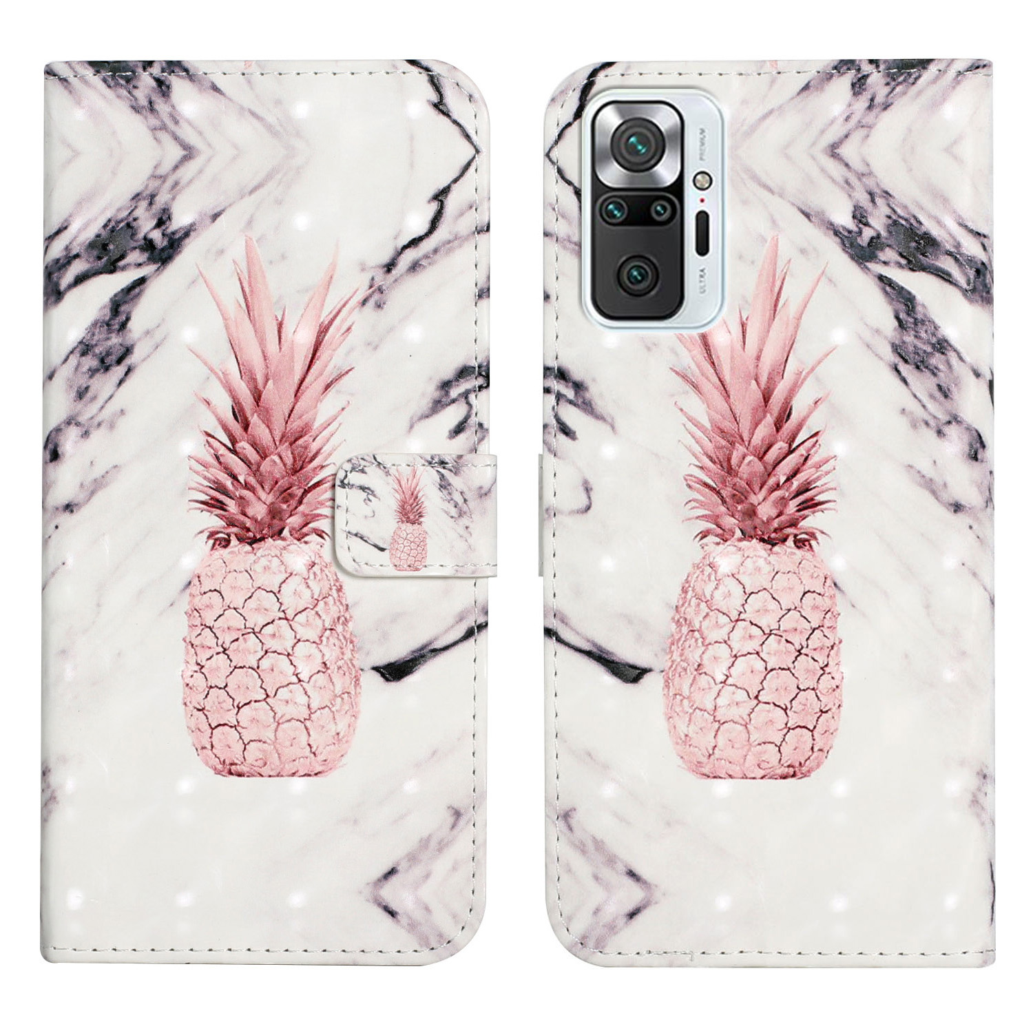 

3D Pattern Printing PU Leather Phone Stand Protective Cover Wallet Shell for Xiaomi Redmi Note 10 Pro/Note 10 Pro Max - Pineapple