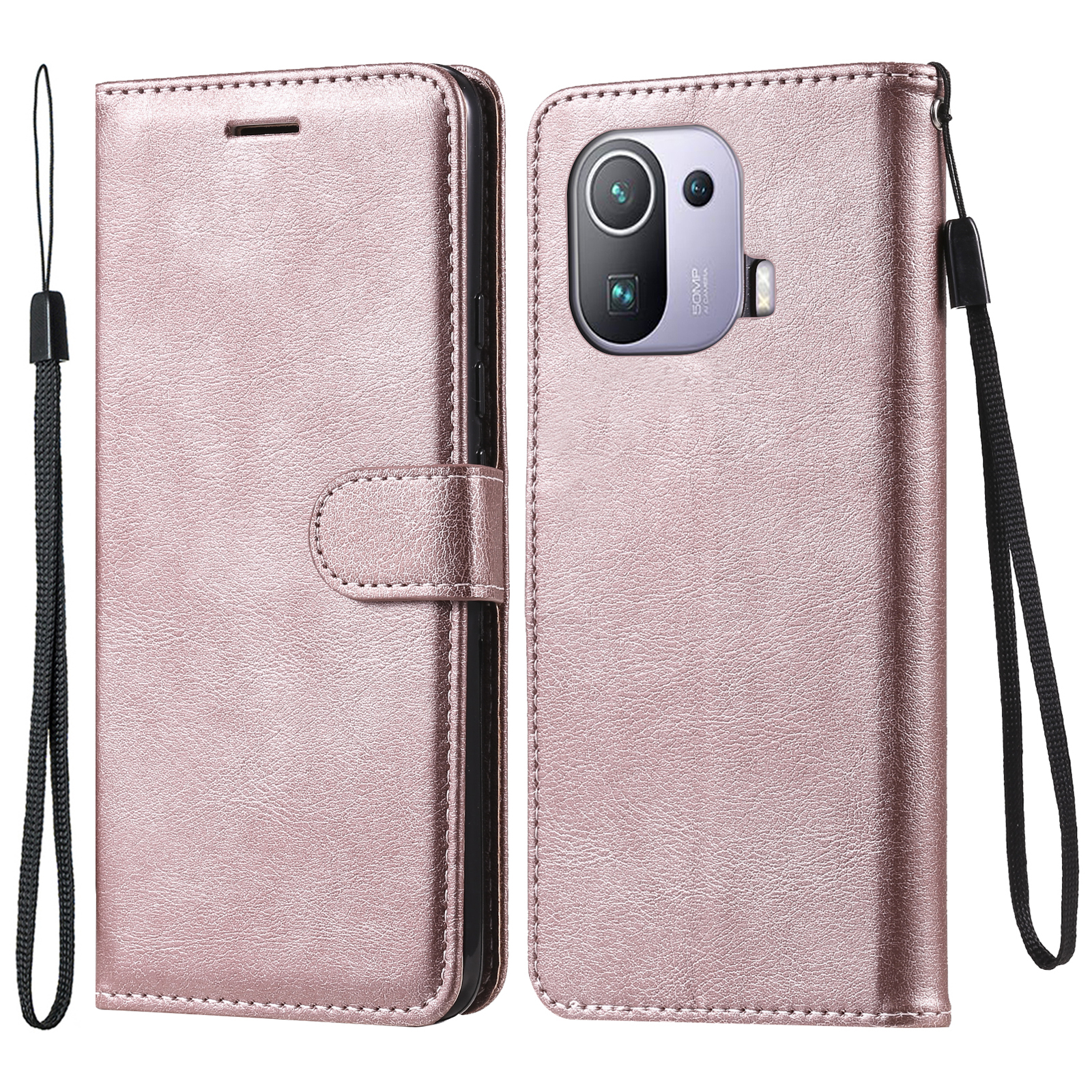 

KT Leather Series-2 Plain Leather All-round Phone Wallet Stand Shell with Strap for Xiaomi Mi 11 Pro - Rose Gold