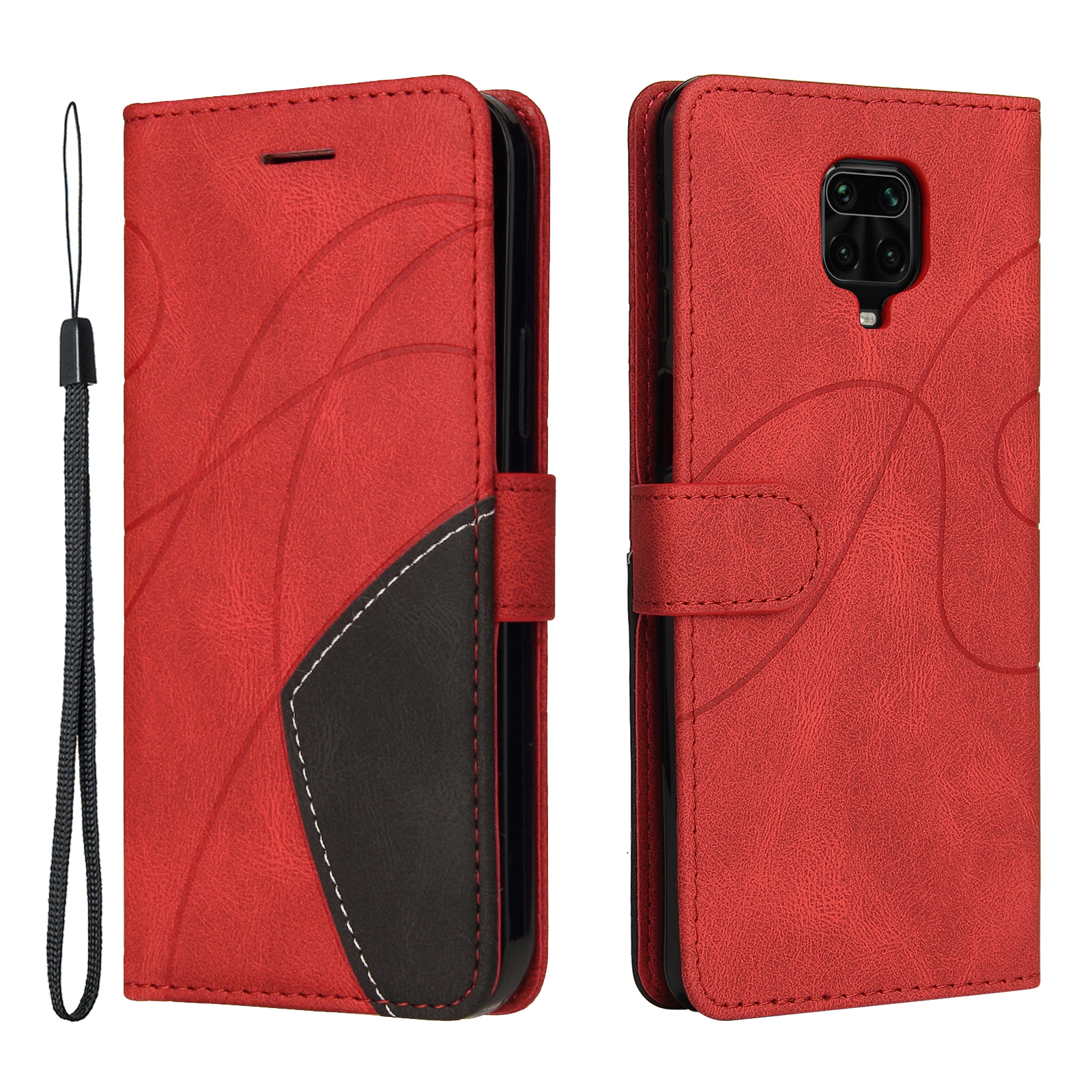 

KT Leather Series-1 Two-Tone Splicing Design Shockproof PU Leather Flip Folio Cover with Wrist Strap Stand for Xiaomi Redmi Note 9 Pro / Redmi Note 9S - Red