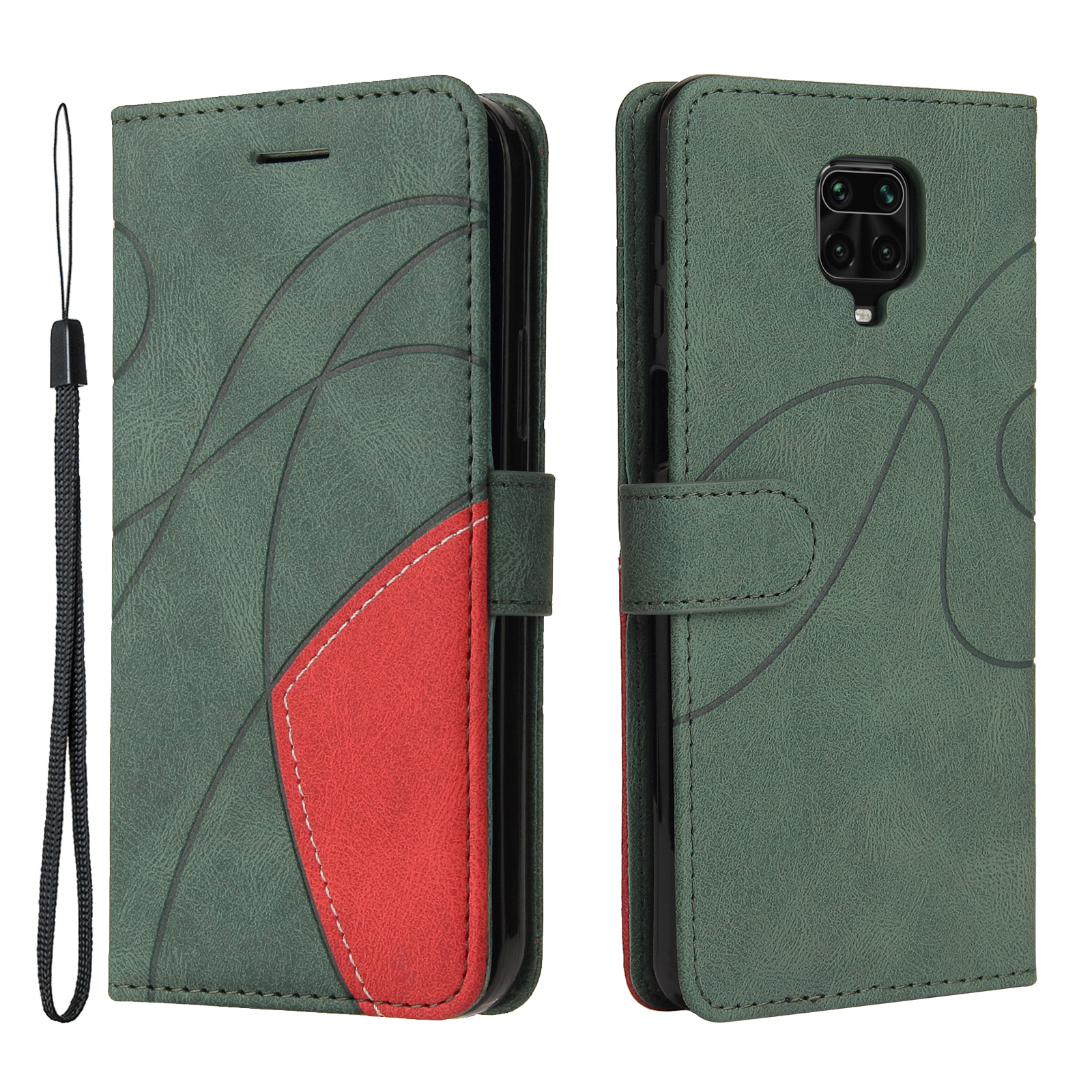 

KT Leath Series-1 Couverture à Deux Tons D'épissage de Conception Shockproofproofproofproof pu Flio Avec Bracelet de Poignet Pour Xiaomi Redmi Note 9 Pro / Redmi Note 9s - Vert