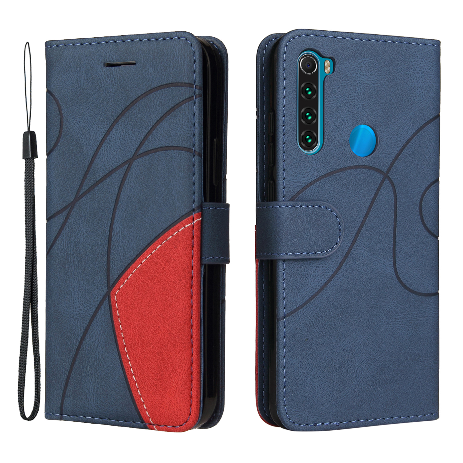 

KT Leath Series-1 Bi-color Splicing Design PU le Cuir Portefeuille Couvrette de Retournement Avec Bracelet de Poignet Pour Xiaomi Redmi Note 8 - Bleu