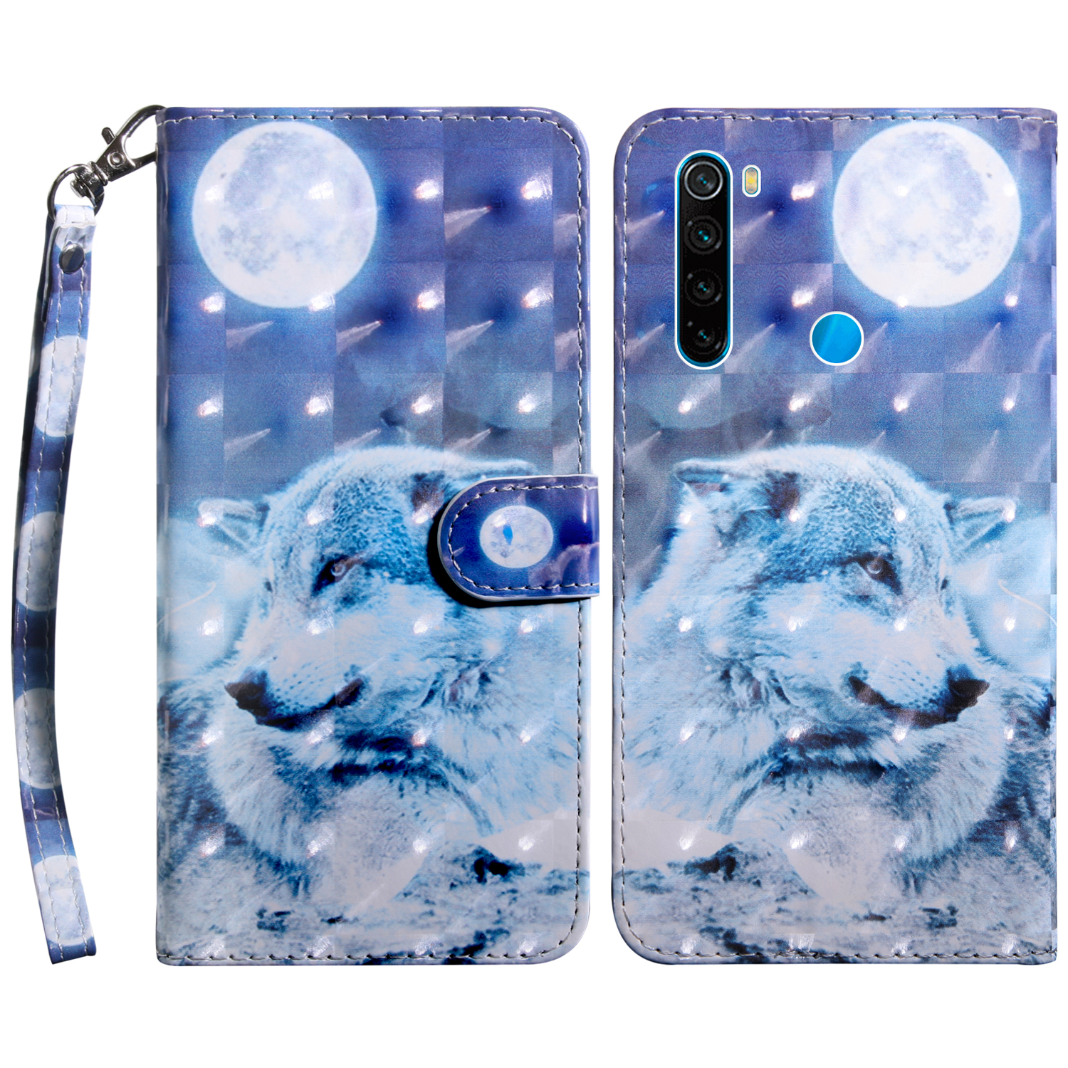 

3D Creative Pattern PU Leather Flip Wallet Case Magnetic Stand Cover with Strap for Xiaomi Redmi Note 8 2021 - Snow Wolf