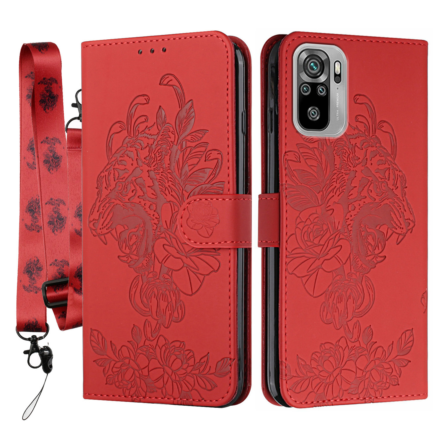 

Tiger Blumenmuster -abdruck Premium PU Leder Brieftasche Magnetic Verschluss Flip Hülle Mit Lanyard Für Xiaomi Redmi Note 10 4g / Anmerkung 10s - Rot, Xiaomi Redmi Note 10 4G