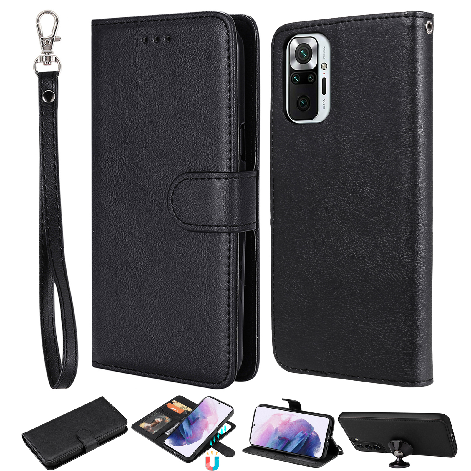 

Antiball Magnetic KT Leder Serie-3 Abnehmbar 2-in-1 Leder-telefonabdeckungsschale Für Xiaomi Redmi Note 10 4G/Note 10s - Schwarz, Xiaomi Redmi Note 10 4G