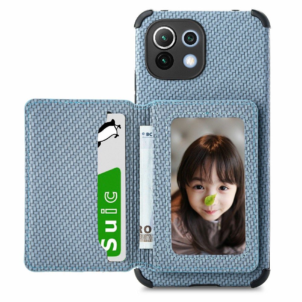 

Kickstand Wallet Design Carbonfaser Textur Lederbeschichteter Handyabdeckung Hülle Für Xiaomi Mi 11 Lite 4g / 5G /11 Lite 5G NE - Blau, Xiaomi Mi 11 Lite 5G