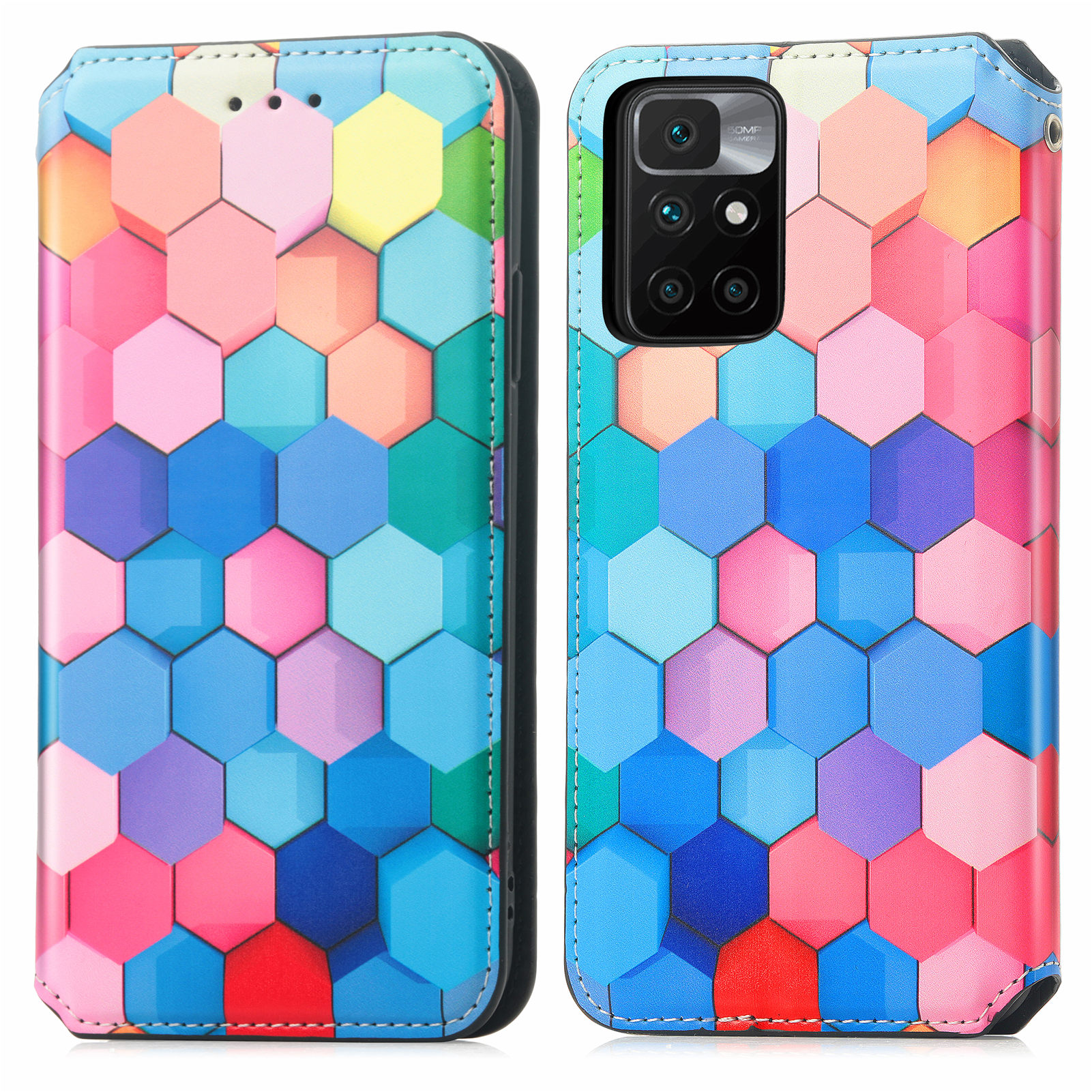 

CASENEO 001 Series Colorful Pattern Printing Auto-absorbed Anti-Scratch Wallet Leather Phone Case with Stand for Xiaomi Redmi 10 4G (2021)/10 Prime/10 2022 4G/Note 11 4G (MediaTek) - Colorful Squares, Xiaomi Xiaomi Redmi 10