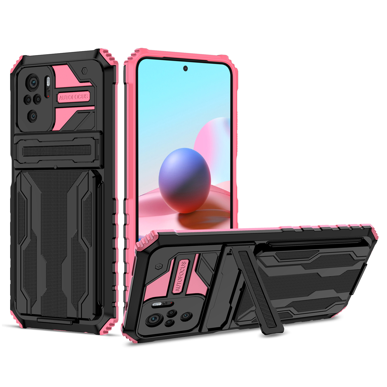 

Kickstand Heavy-Duty Rugged 3-in-1 Hybrid Hard PC Soft TPU Non-Slip Protective Phone Case with Detachable Card Slot Holder for Xiaomi Redmi Note 10 4G / Note 10S 4G / Poco M5s 4G - Pink, Xiaomi Xiaomi Redmi Note 10 4G