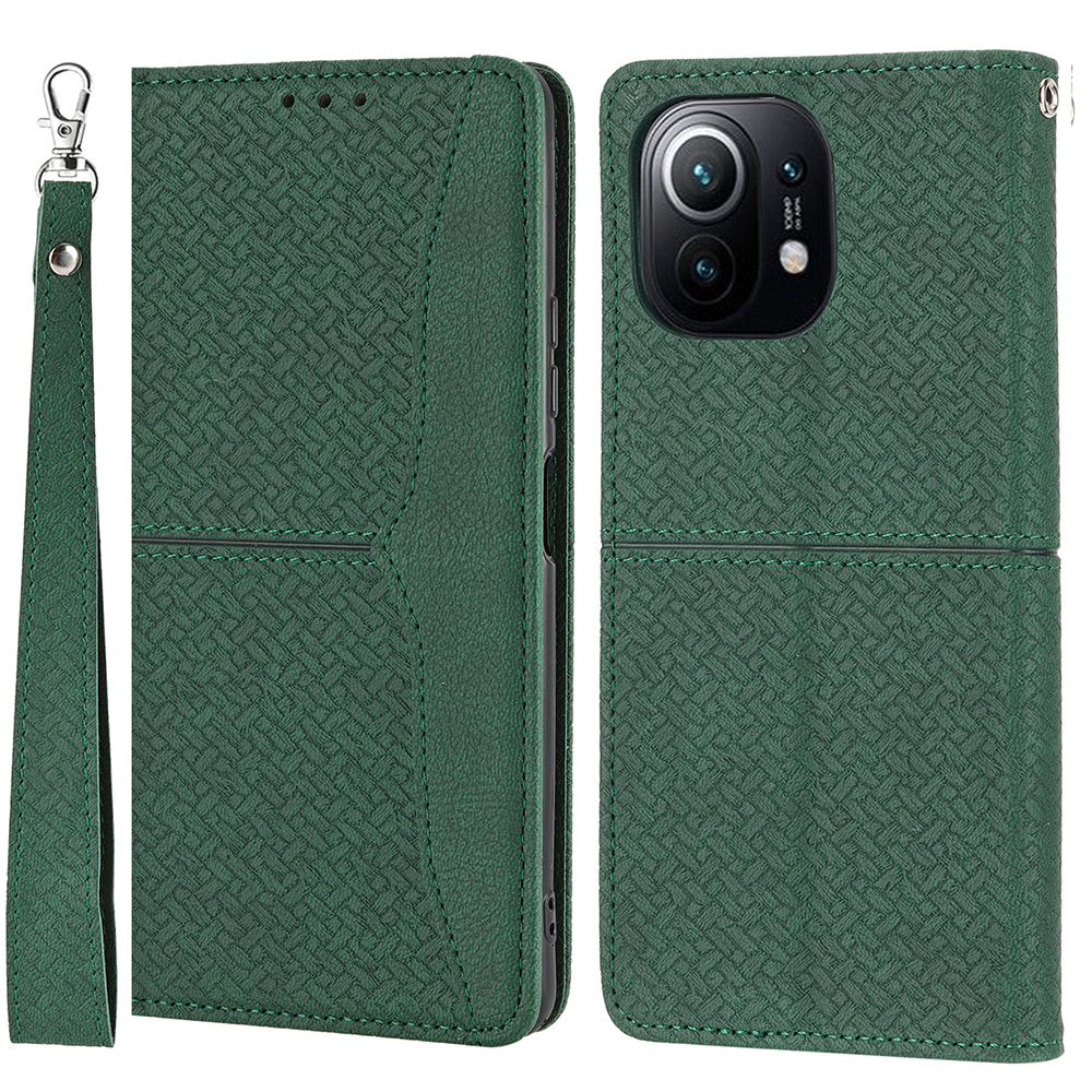 

Sangle Pratiques Texture Tissée Auto-Absorbed Splicing Portefeuille Support de Couverture de Cuir Protectrice Pour Xiaomi 11 Lite 5G ne / mi 11 Lite 4g / 5G - Vert, Xiaomi Xiaomi Mi 11 Lite 4G