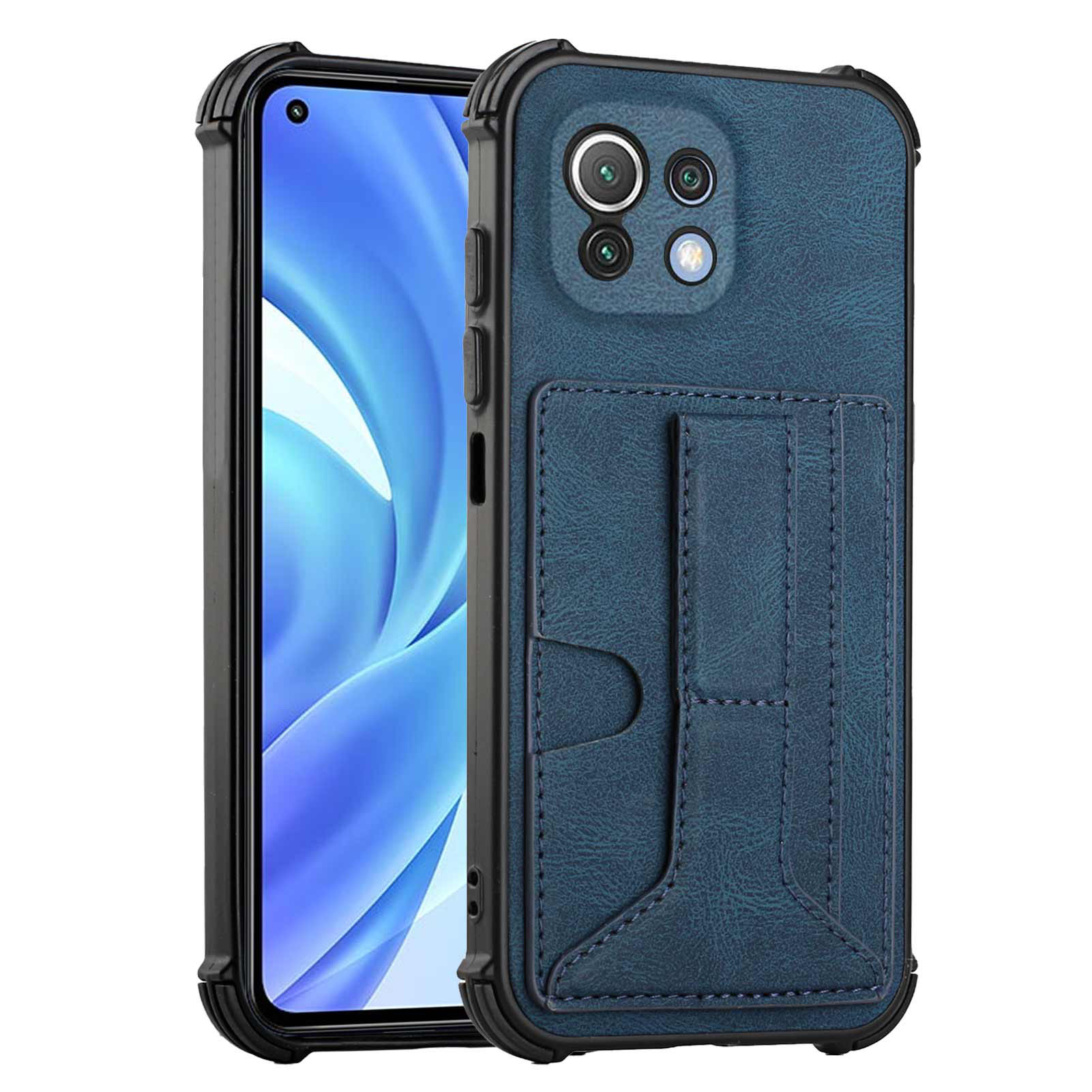 

Thickened Four Corners Anti-Drop Phone Back Cover Shockproof Case with Kickstand Card Slots for Xiaomi 11 Lite 5G NE/Mi 11 Lite 4G/5G - Sapphire