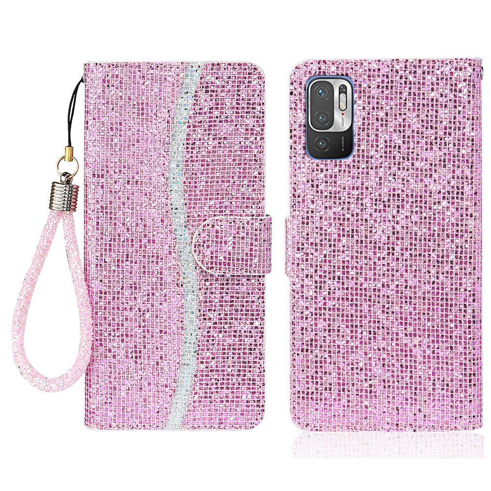 

Glittery Powder Handy Strap Stylish Leather Wallet Phone Protective Case with Stand for Xiaomi Redmi Note 10 5G/Redmi Note 10T 5G/Poco M3 Pro 4G/5G - Pink