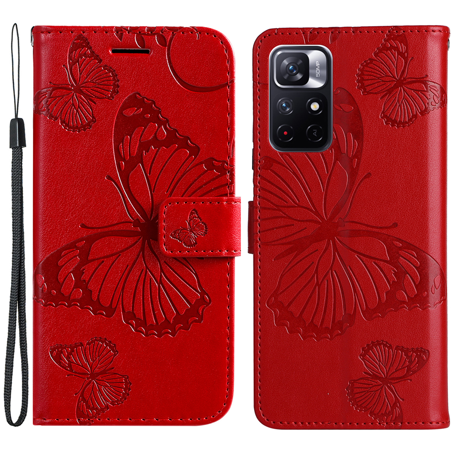 

KT Sprudel Blumenserie-2 Eingeprägtes Schmetterlingsmuster PU Leder Brieftasche Ständer Flip Phone Schutzhülle Mit Handriemen Für Xiaomi Redmi Note 11 5G (China) (mediatek)/poco M4 Pro 5G - Rot, Xiaomi Redmi Note 11 5G (China) (MediaTek)