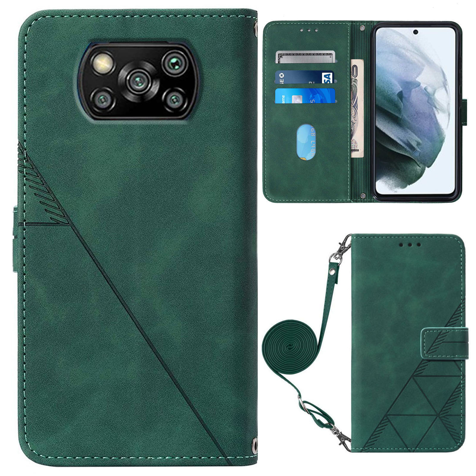 

PB2-1 Series Imprinted PU Leather Phone Case Business Full Protective Phone Cover with Wallet Shoulder Strap for Xiaomi Poco X3/X3 Pro/X3 NFC - Blackish Green