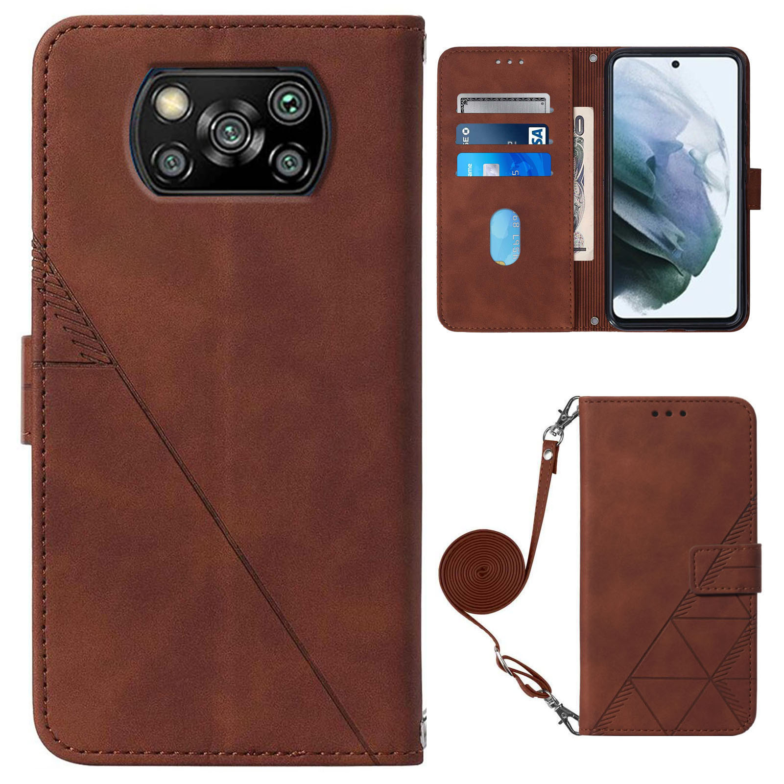 

PB2-1 Series Imprimé PU le Cuir pu Téléphone Business Téléphone Full Protective Téléphone Couvre Avec Bandoulière Pour Portefeuille Pour Xiaomi Poco x3 / x3 Pro / x3 NFC - Brun