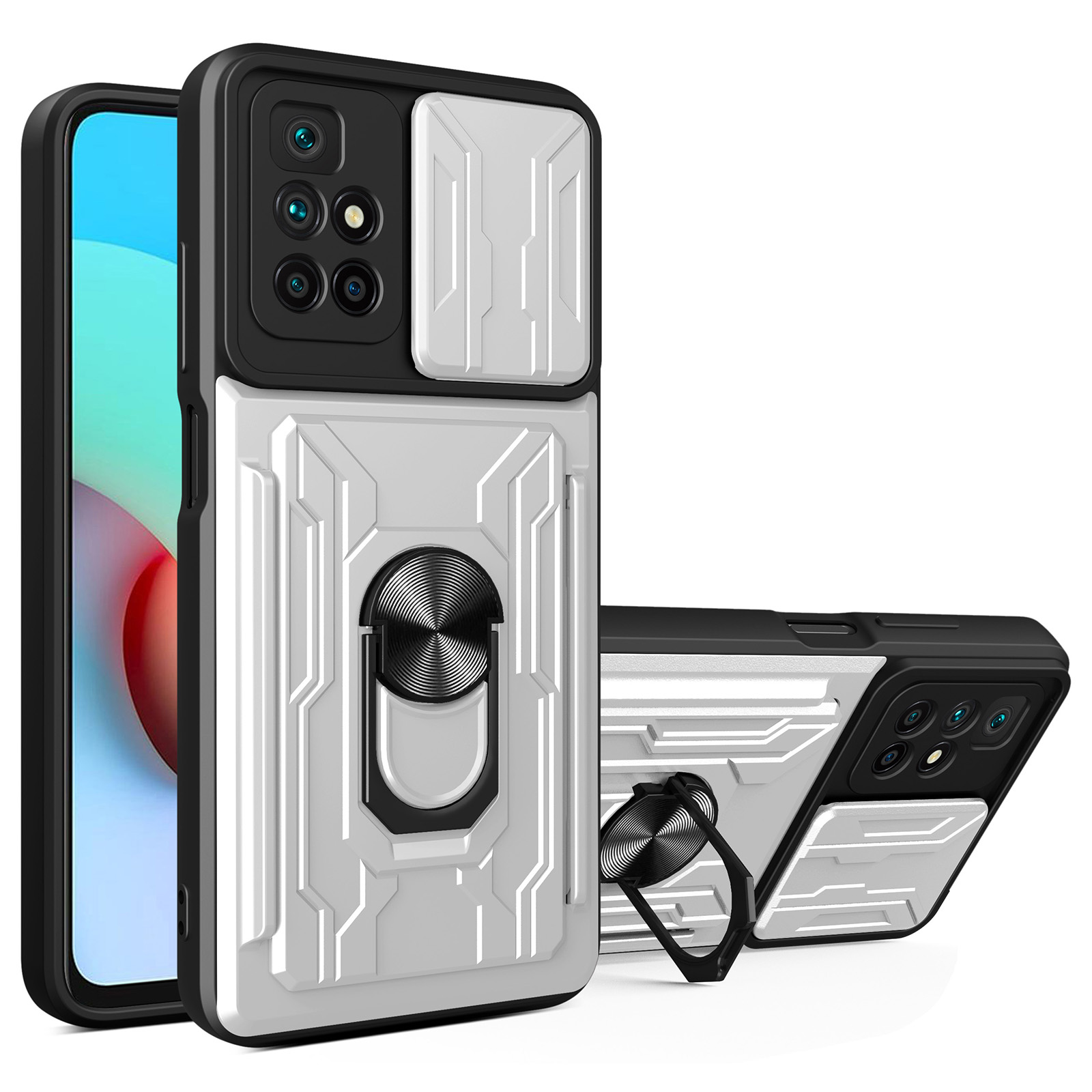 

Versteckte Kartenhalter Slot Ring Kickstand Design Folie Kamera Abdeckung Hartes PC + Soft TPU Für Xiaomi Redmi Note 11 4G (MediaTek)/Redmi 10 4G (2021)/Redmi 10 2022 4G - Weiß, Xiaomi Redmi Note 11 4G (MediaTek)